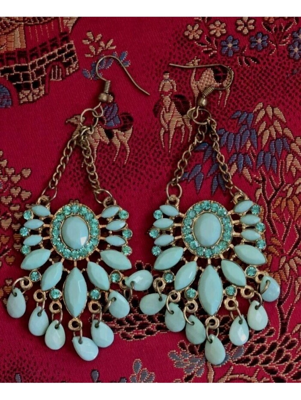 Faux Turquoise Chandelier Dangle Drop Pierced Earrings 3X1"